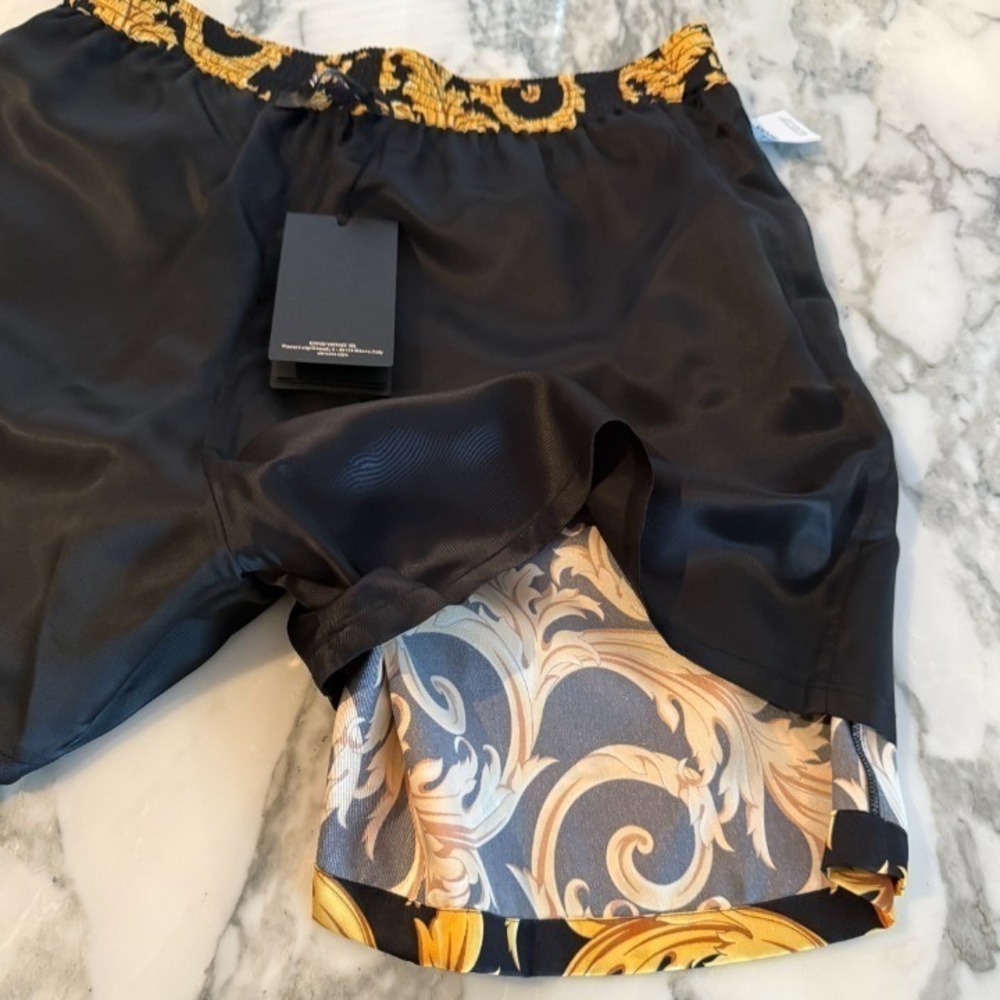 Versace Men'sBaroque Print Twill Poly Shorts Black Gold Print Shorts, sz 50 - Picture 12 of 12